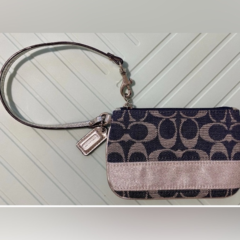 Coach Wristlet/ Wallet Corner Zip Pull Strap Black, Gray, Silver Denim  Wristlet